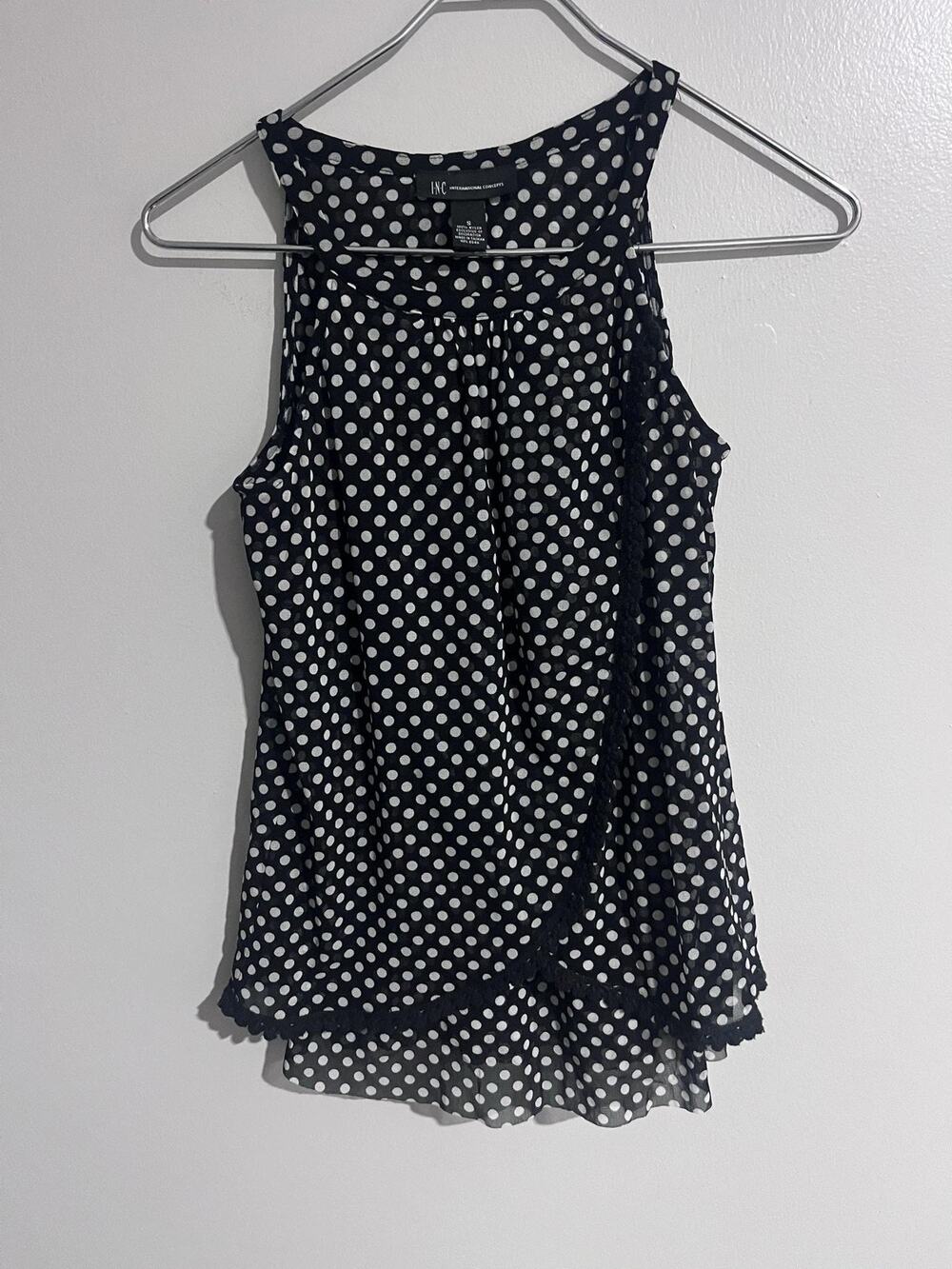 INC International Concepts Tank Womens S Black Polka Dot Sheer Ruffle Chiffon